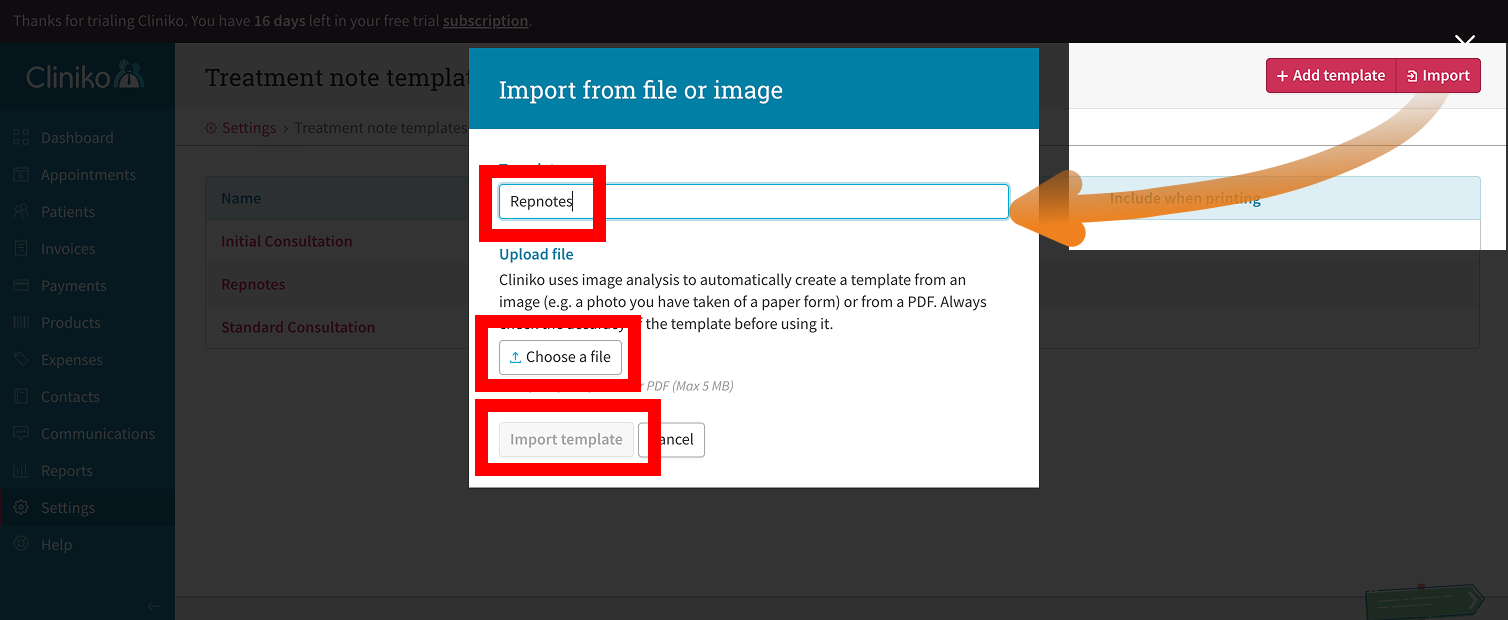 Import our pre-made Treatment note template