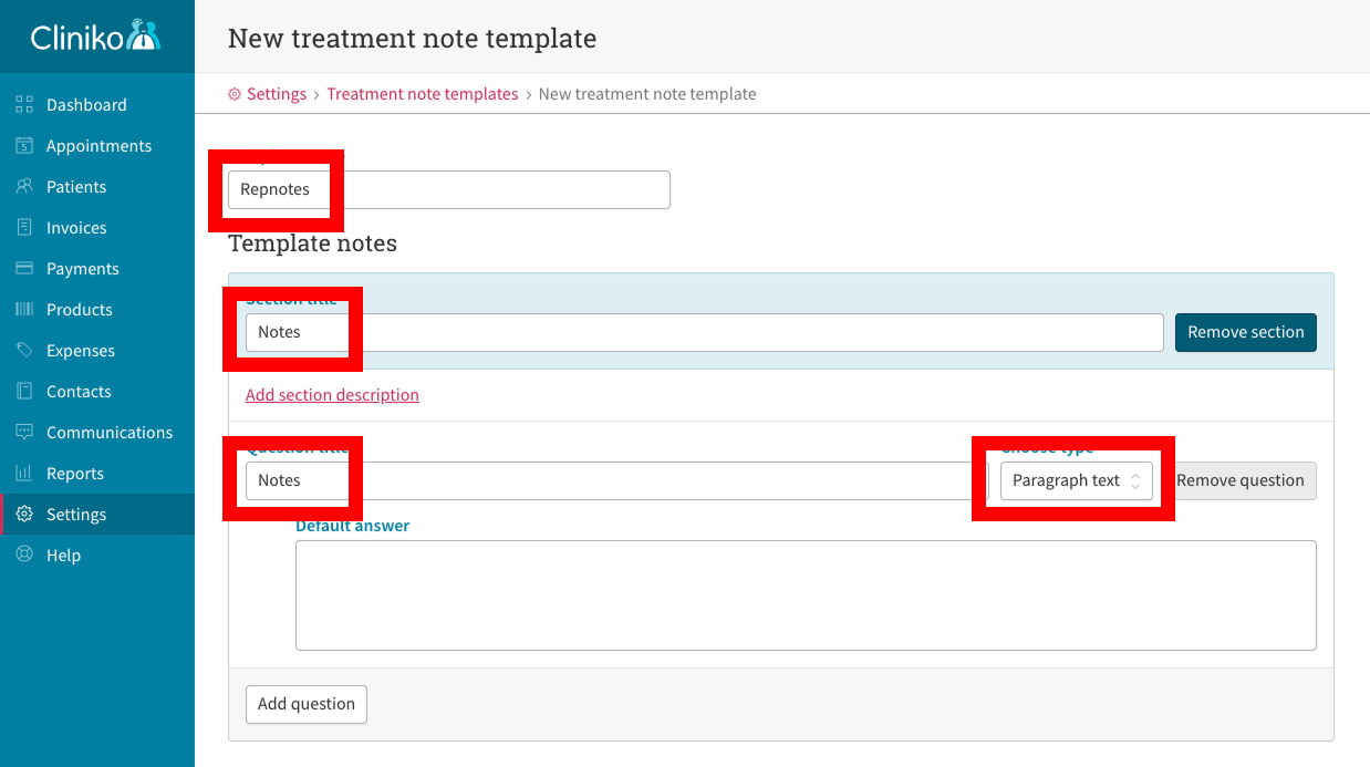 Create a new Treatment note template