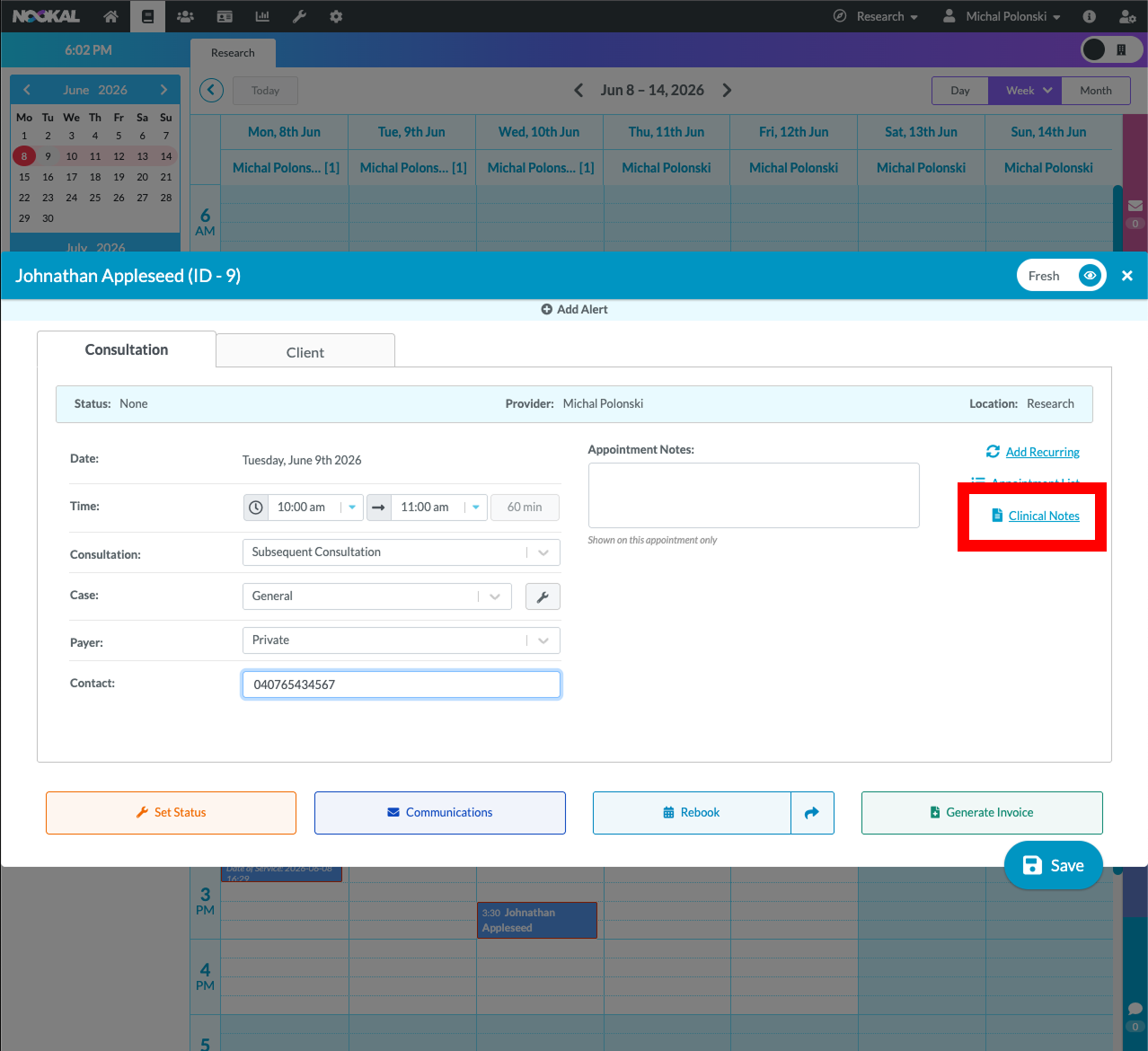 Nookal appointment hover popup showing NDIS Progress Notes